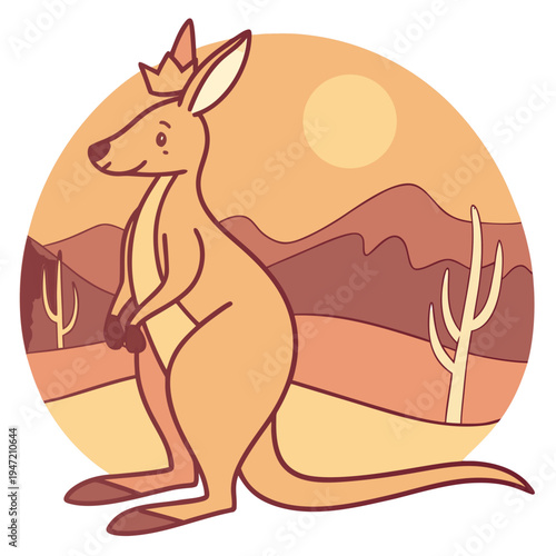 Charming SVG of a Bashful Kangaroo featuring with a tiny crown, styled in a Desert sunset theme with Sundown Glow hues