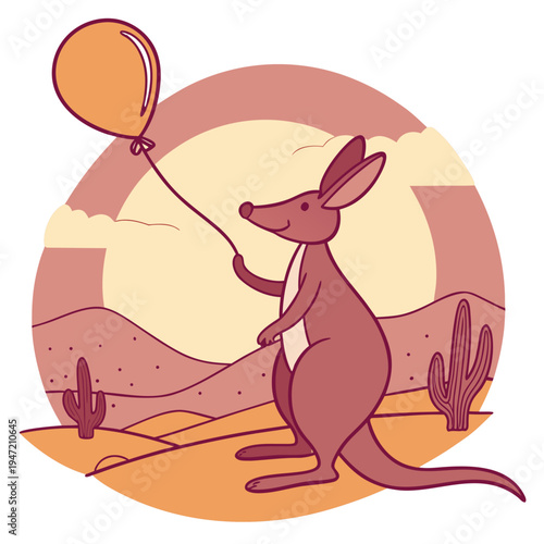 Vector illustration of a Happy Kangaroo with with a balloon, styled in a Desert sunset theme using Sundown Glow colors