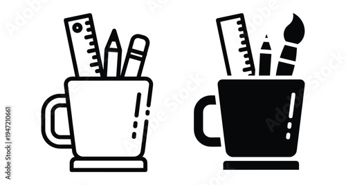 Stationery holder mug icon set with ruler pencil brush and eraser for office desk school supplies creative workspace design