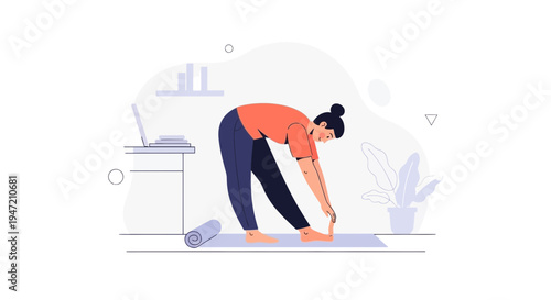 Woman doing yoga at home, stretching on mat with laptop nearby