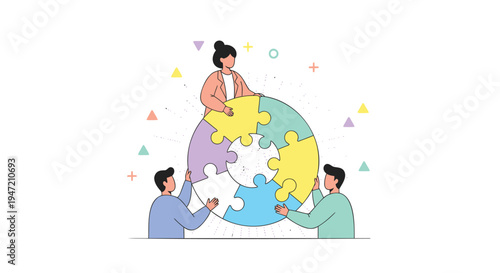 Vector illustration of 3 people assembling a puzzle globe with colorful pieces