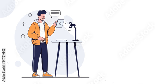 Young man recording podcast or video with microphone and tablet, modern illustration