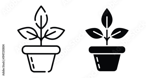 Potted plant icons set featuring outline and solid silhouette styles representing growth nature gardening seedling sprout leaf and organic life