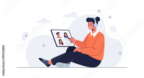 Young man in headphones on video call, online meeting, remote work, education, communication