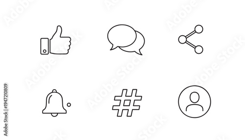 Social media icons: thumbs up, chat bubbles, share, bell, hashtag, profile - thin line outline on light blue background, social network, thumbs up, speech bubble