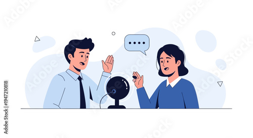 Two people talking on a podcast with a microphone and speech bubble