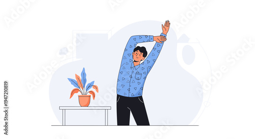 Man stretching arms indoors, healthy lifestyle, home workout, wellness, relaxation