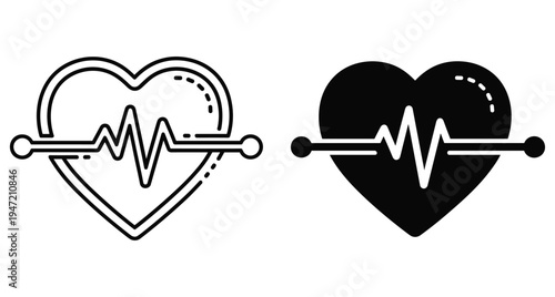 Heartbeat pulse line icon set with heart shape representing medical health cardiology diagnostic monitoring and life rhythm symbol for healthcare