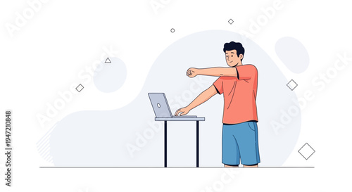 Young man stretching arms while working on a laptop at a standing desk