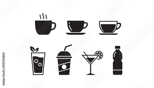 Beverage icons: hot coffee cup, tea cup, martini glass, iced drink, soda cup, water bottle - black silhouette on white background, food and drink