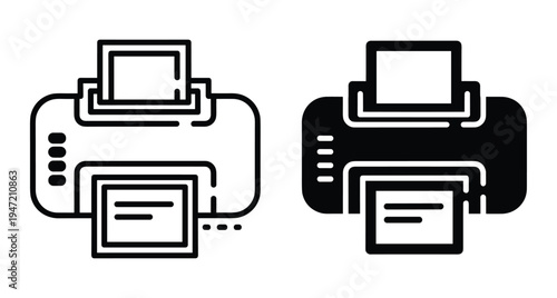 Printer icon set featuring outline and solid black glyph styles for office equipment hardware document printing and digital technology interface design