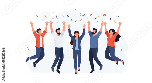 Happy diverse group of people jumping and celebrating with confetti