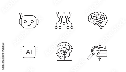 Artificial intelligence and technology icons: robot face, network, brain, AI chip, gear, search - thin line outline on light blue background, magnifying glass