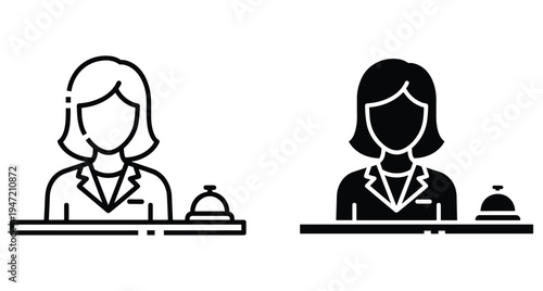 Female receptionist icon set featuring a woman at a service desk with a concierge bell in outline and solid styles