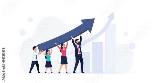 Teamwork success, business growth, people holding up upward arrow graph
