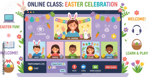 Online Class Easter Celebration Vector Illustration with Teacher and Diverse Kids in Bunny Ears on Video Call Screen for Virtual Holiday Event