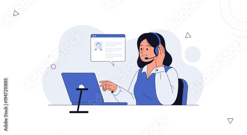 Customer service operator with headset and laptop, working in call center, online support