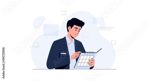 Man in suit planning on calendar, business strategy, time management, office work