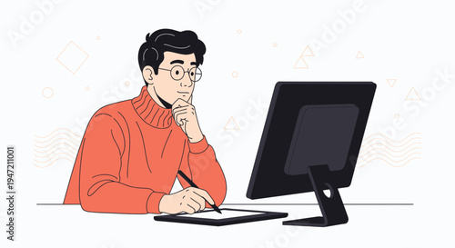Graphic designer working on computer with tablet and stylus, creative process