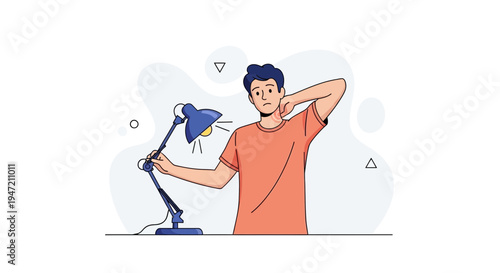 Man with neck pain near desk lamp, illustration of discomfort and work-related stress