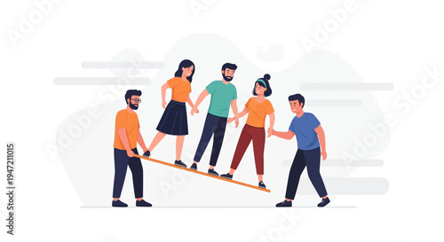 Teamwork balancing act on seesaw, people holding hands, cooperation concept