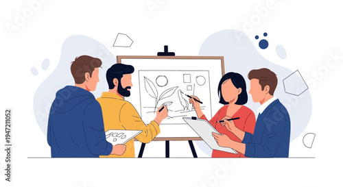 Team Collaboration: Diverse people brainstorming and sketching ideas on whiteboard