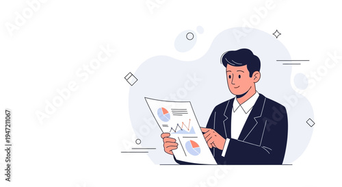 Businessman analyzing financial report with charts and graphs, business concept illustration