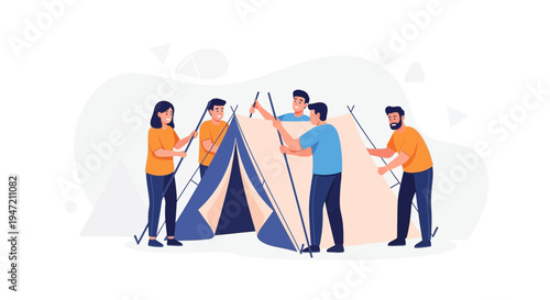 Team Setting Up Tent Together, Camping Activity, Outdoor Recreation, Group Effort