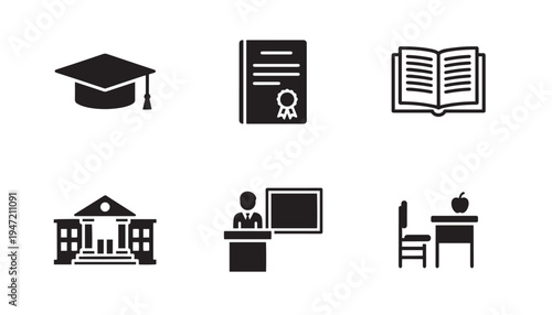 Education and school icons: graduation cap, diploma, open book, university building, teacher, desk - black silhouette and line art on white background