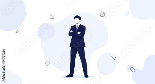 Confident Businessman Standing Arms Crossed, Modern Flat Design with Geometric Shapes