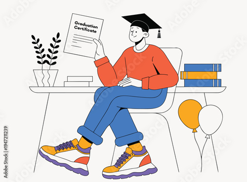Illustration of Graduate Holding Certificate at Desk