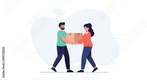 Couple Carrying Cardboard Box Together, Moving House, Delivery Service, Teamwork