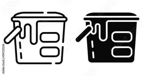 Paint bucket icon set featuring outline and solid versions with dripping liquid for renovation construction home improvement and artistic projects