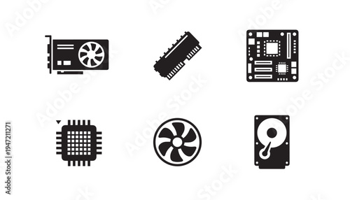 Computer hardware icons: graphics card, ram stick, motherboard, cpu, fan, and hard drive, pc component symbols, memory module, main board, cooling fan, icon set