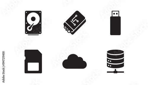 Data storage and technology icons: hard drive, usb drive, sd card, cloud, and server stack, technology symbols, flash drive, sd card, memory card, cloud computing