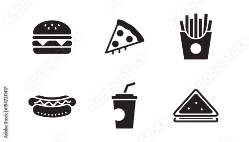 Fast food icons: burger, pizza slice, french fries, hot dog, soda cup, and sandwich, food symbols, drink cup, icon set, junk food, unhealthy food, flat design