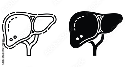 Human liver organ icons set in outline and solid black styles for medical healthcare biology anatomy and hepatology design projects