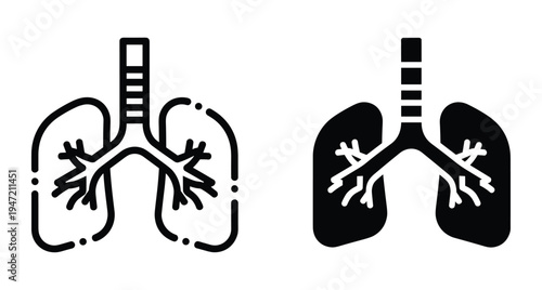 Human lungs respiratory system anatomy icons in outline and solid black styles for medical healthcare biological science and educational design