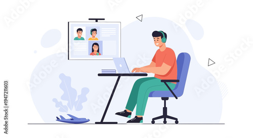 Young man working remotely on laptop with video conference call, airplane toy on desk