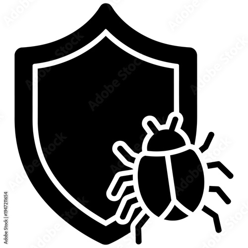 Malware protection icon featuring a shield blocking a bug silhouette | Solid black vector graphic for antivirus and cyber defense systems