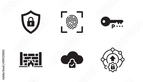 Digital security icons in black: shield with lock, fingerprint, key, firewall, secure cloud, and data protection, white background
