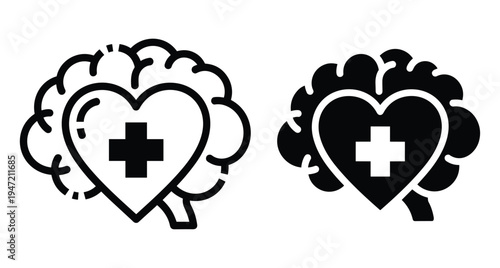 Mental health icon set featuring brain and heart with medical cross symbol representing psychology emotional intelligence neurology and healthcare wellness