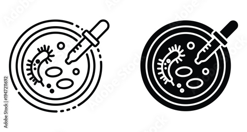 Petri dish with bacteria and pipette dropper icons for microbiology research laboratory science experiment biology testing medical analysis biotechnology equipment