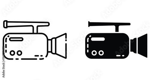 Video camera camcorder icon set in outline and solid black style for film production cinema recording and digital media equipment