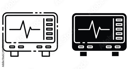 Medical heart rate monitor icons showing electrocardiogram wave on screen for hospital patient health tracking and diagnostic clinical equipment display