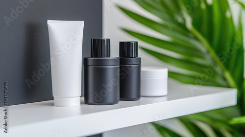 Wallpaper Mural White and black cosmetic bottles with pump dispenser and cap on a modern white shelf, presenting product display for a luxury beauty salon, spa, or personal care concept Torontodigital.ca