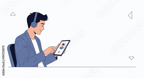 Man with headphones on video call on tablet, remote work, online communication