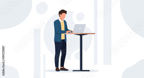 Man working on laptop at standing desk, modern office, business concept