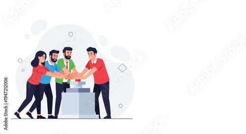 Teamwork hands pushing button, business success, startup launch, collaboration concept