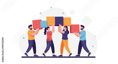 Teamwork concept: people carrying blocks together, collaboration and unity illustration